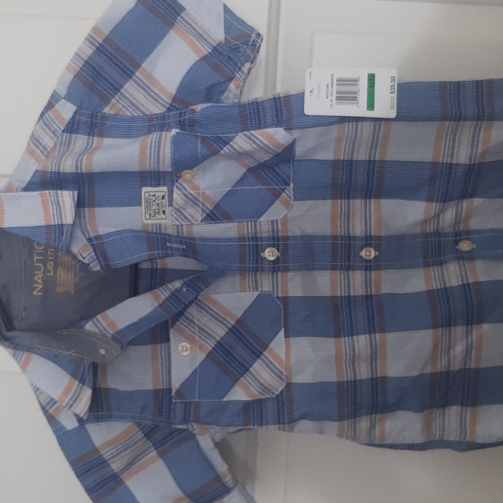 Nautica, Sz 7 Boys Shirt, Blue, Orange, & White